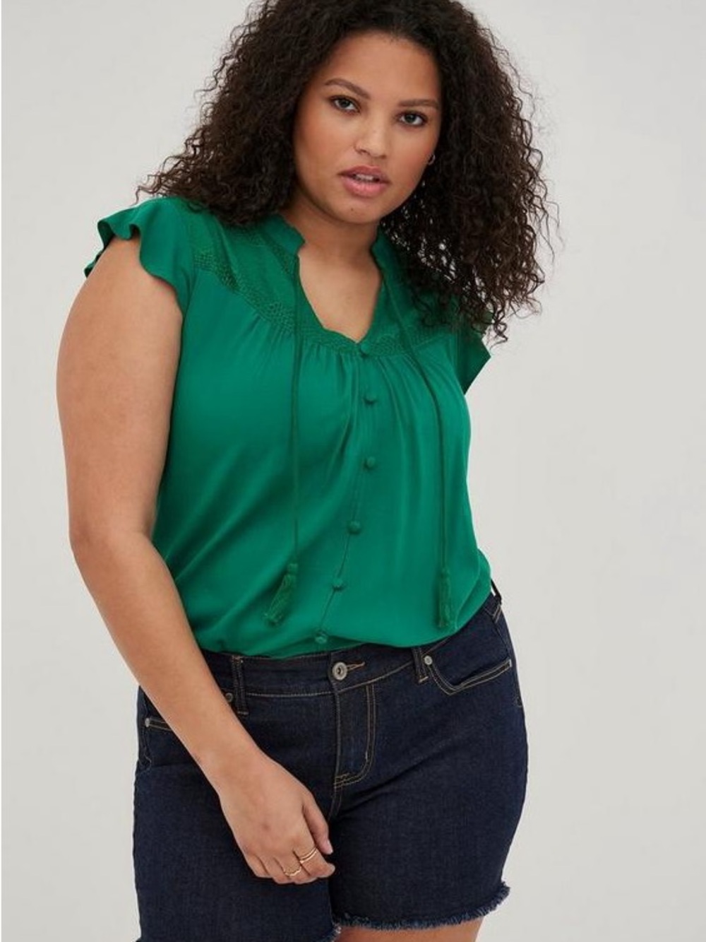 Torrid Rayon Slub Crochet Detail Tie-Front Top in green size 1XL